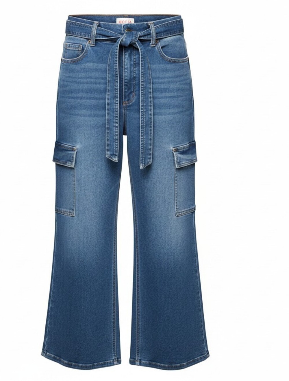 Sofia Vergara margot Blue Wide-Leg Cargo Jeans with Tie Belt